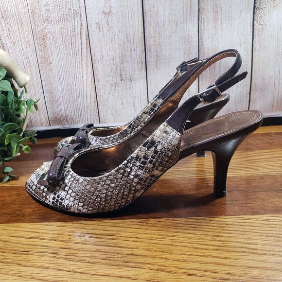 Ellen Tracy Size 9 Brown Snakeskin Print Jaywalk Slingback Open Toe Heels - Picture 4 of 10
